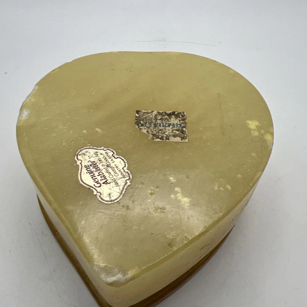 Vintage George Good Italian Alabaster Trinket Box Heart Hinged Painted Flower